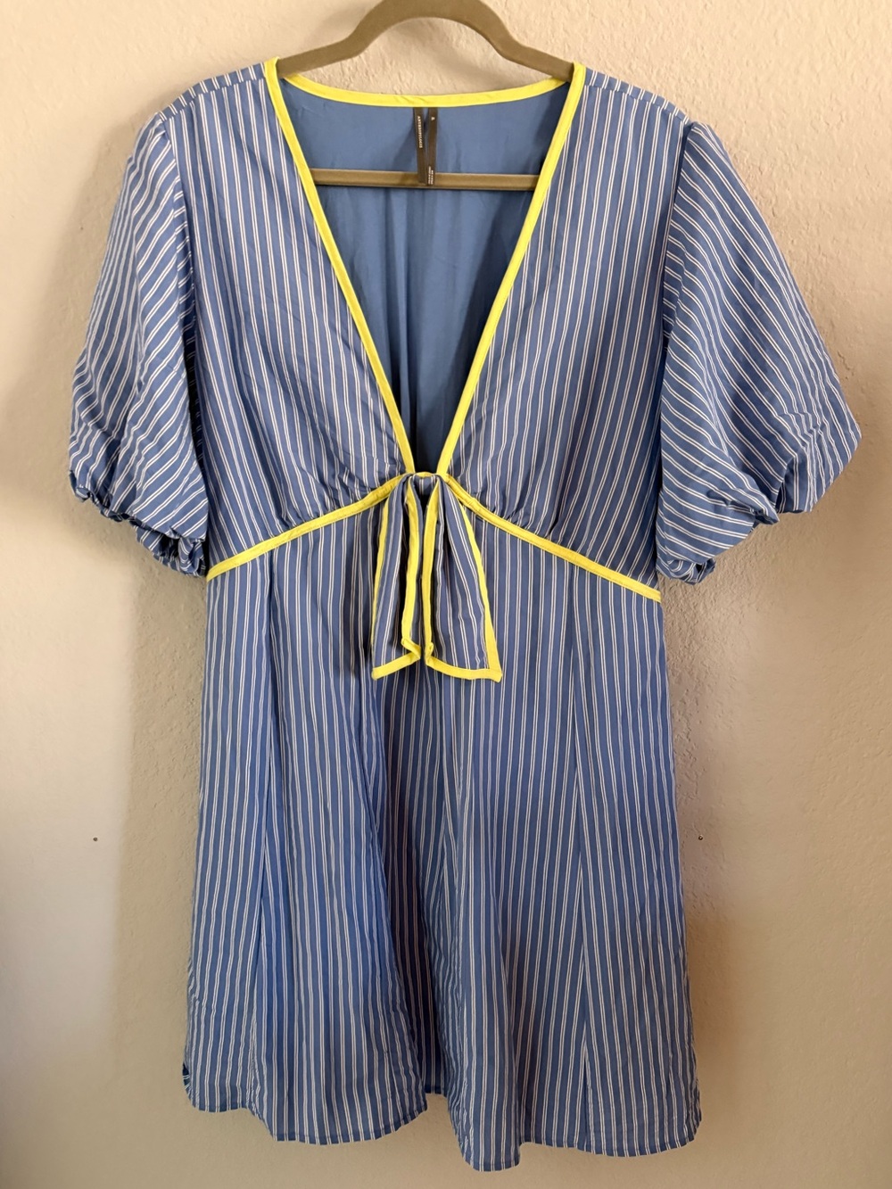 Anthropologie Blue Stripe Tie Front Puff Sleeve Mini Dress XL